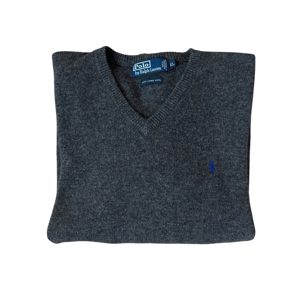 Polo Ralph Lauren‎ Mens V Neck Sweater Dark Gray 100% Lambs Wool Size XL - Picture 2 of 8